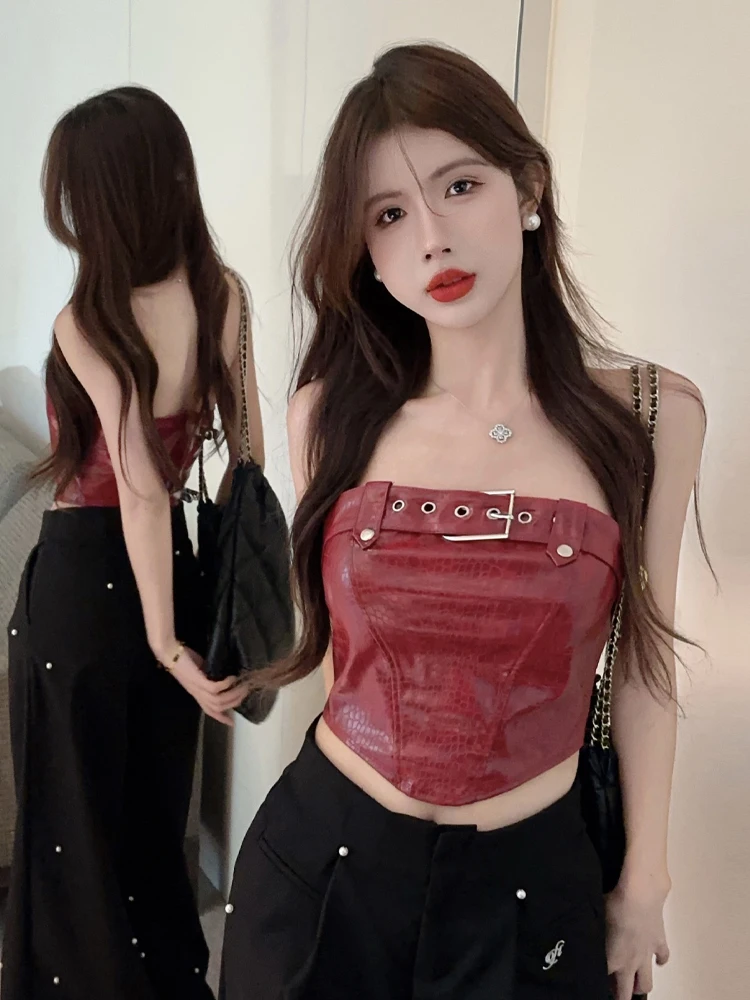 Sexy Short Crop Top Belly Baring Strapless Vest Night Club Pure Desire Snakeskin Leather Buckle Waist Wrap Chest Bottoming Shirt