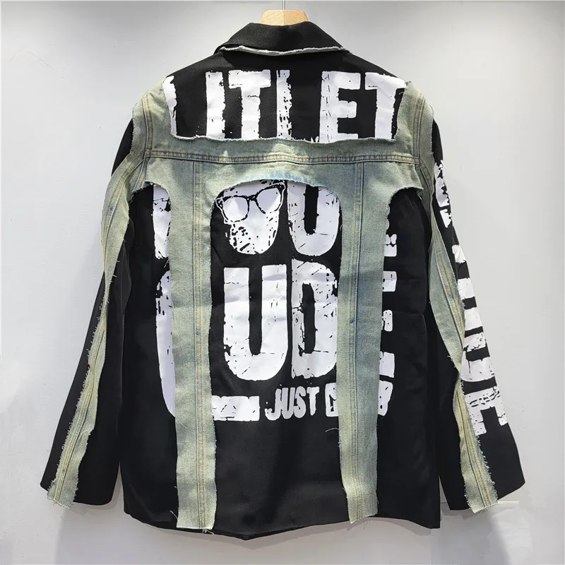 중공업 손으로 그린 ​​​​편지 틈새 디자인 정장 바느질 독특한 개성 튀김 거리 여성 패션