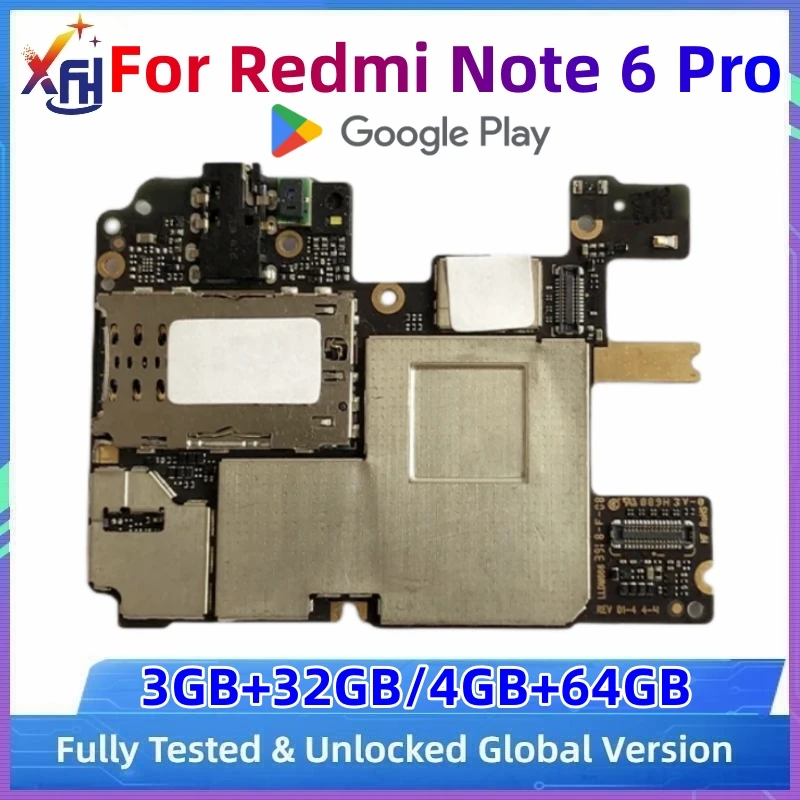 Motherboard for Xiaomi Redmi Note 6 Pro, 100% Unlocked, Original Mainboard, with Google Playstore Installed, 32GB, 64GB ROM