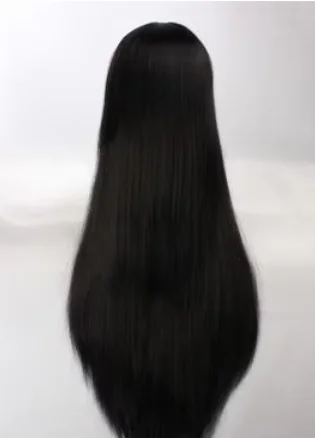 Wig sintetis hitam lurus panjang untuk wanita, Wig Cosplay serat suhu tinggi pinggiran datar untuk wanita