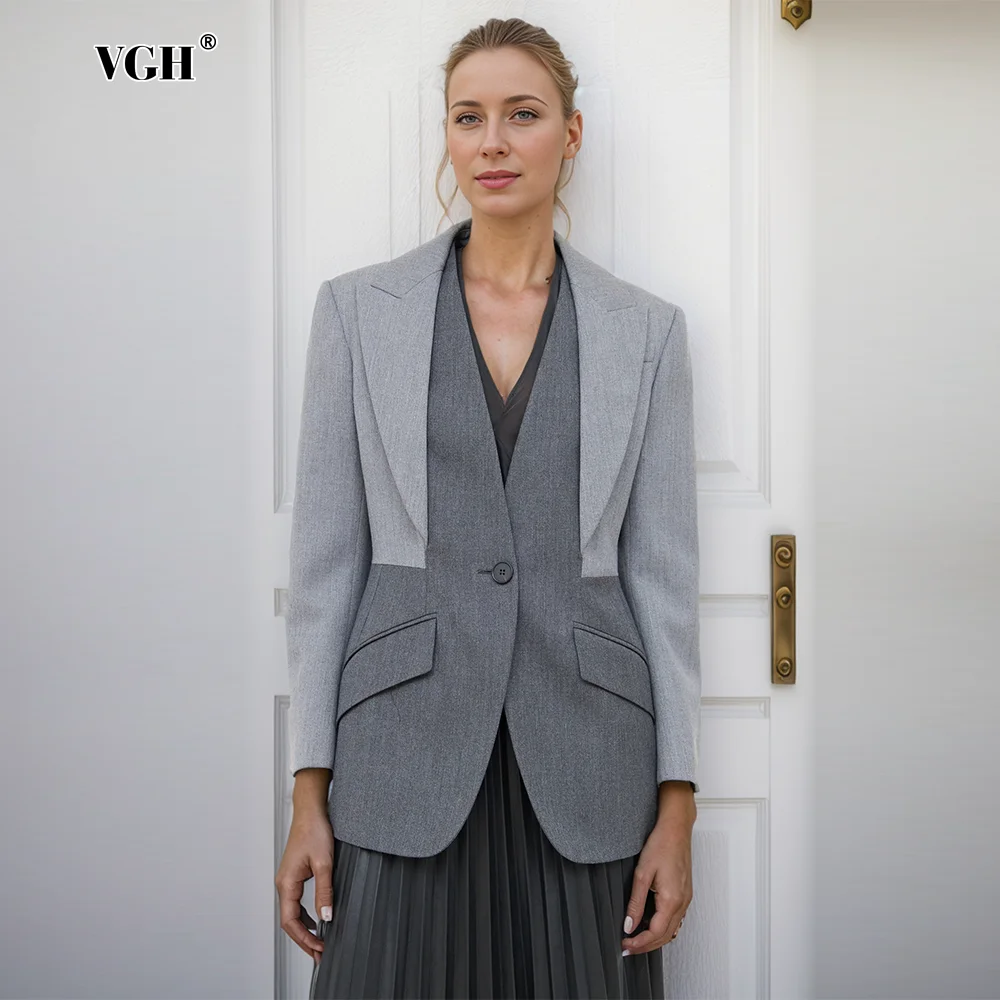 

VGH Colorblack Patchwork Pockets Casual Blazers For Women Notched Collar Long Sleeve Minimalist Slimming Blazer Female Fashion