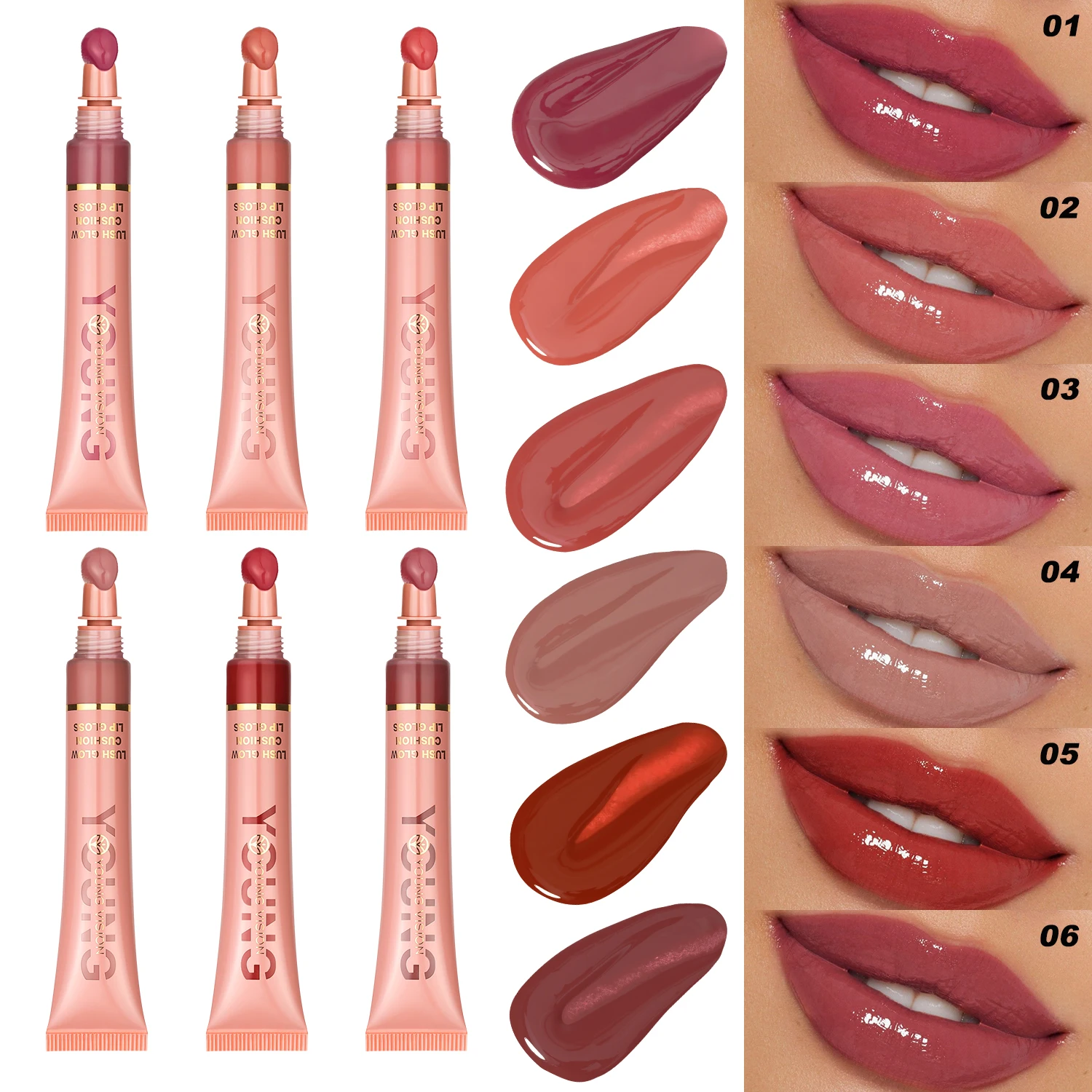 6 Farben Liquid Glow Lipgloss Flüssiger Lippenstift Feuchtigkeitsspendende Feuchtigkeit Plüschbürstenkopf Squeeze Lipgloss Lippenglasur
