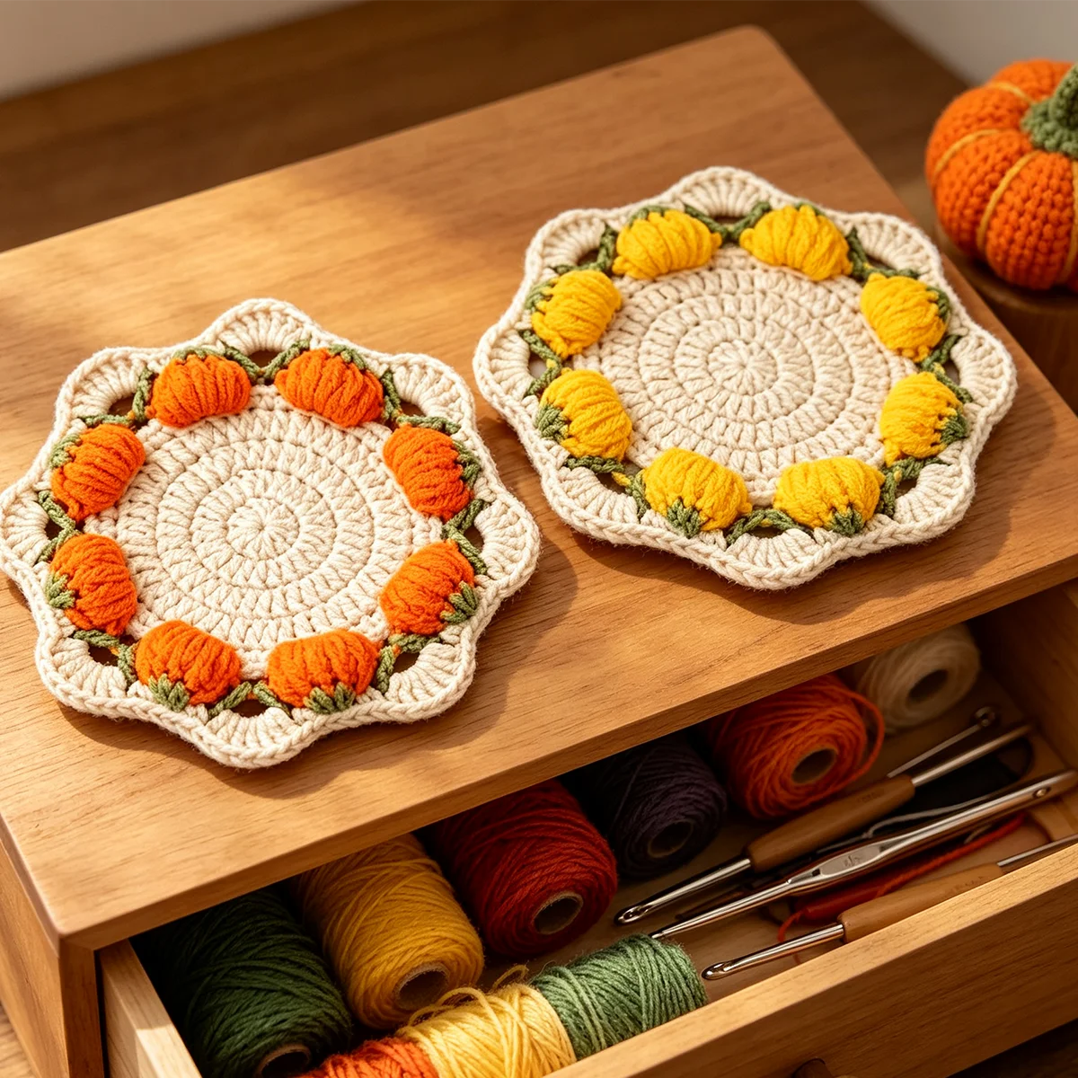 Halloween Pumpkin Coaster Crochet Kit, DIY Hand Knitting Heat Insulation Coaster Set with Full Accessories and Video Tutorial