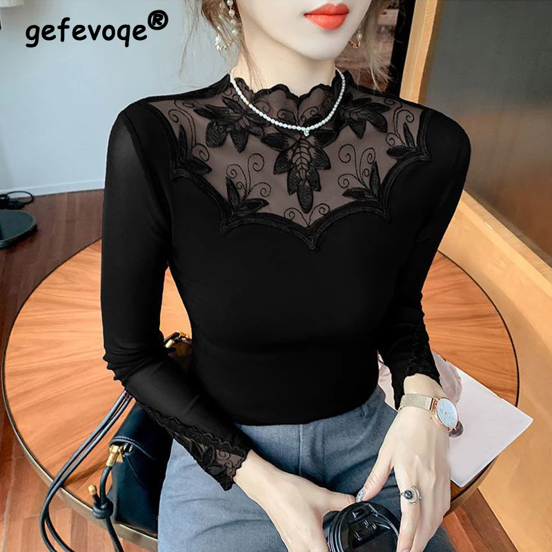 

Spring Autumn Elegant Sexy Sheer Lace Mesh Patchwork Basic Ladies Tops Korean Fashion Women's Solid Long Sleeve Slim Tee T Shirt