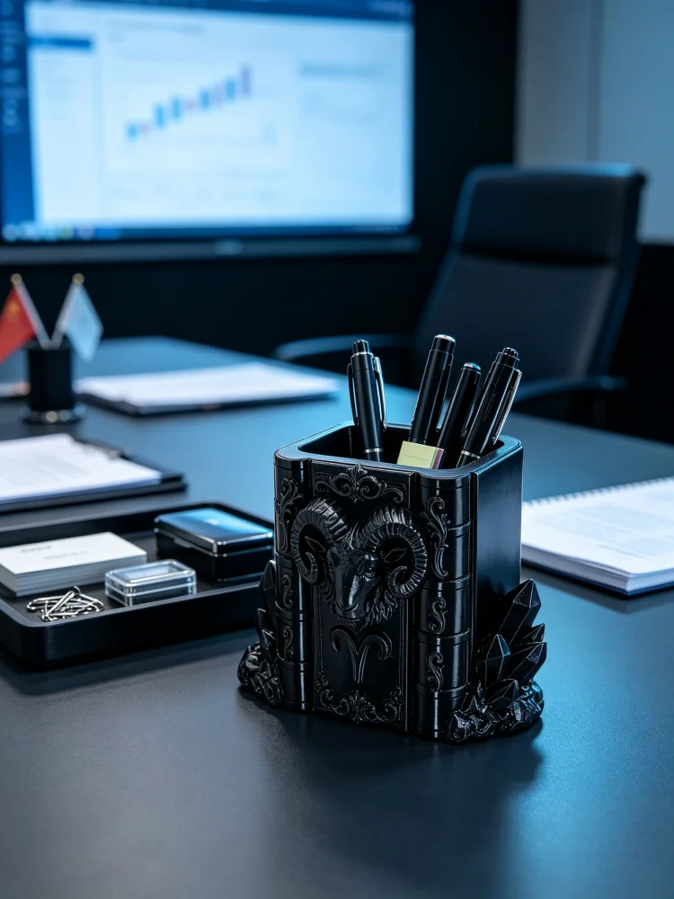 Matte Black Petg Ram Head Pencil Holder, Vintage Book-Shaped Gothic Style Desktop Organizer, Goat Head Ornament with Mysterious Crystals and Vintage Engraving Patterns, Aries Constellation Pen Holder, Large Capacity with Stable Base, Multifunctional Desktop Pen Container, Storage for Fountain Pens, Pencils, and Stamps, Desktop Organizer for Office Desk, Study Room, Student Desk, Dark Aesthetic Room Decoration, Cool Desktop Gadgets, Creative Desktop Decoration Gift