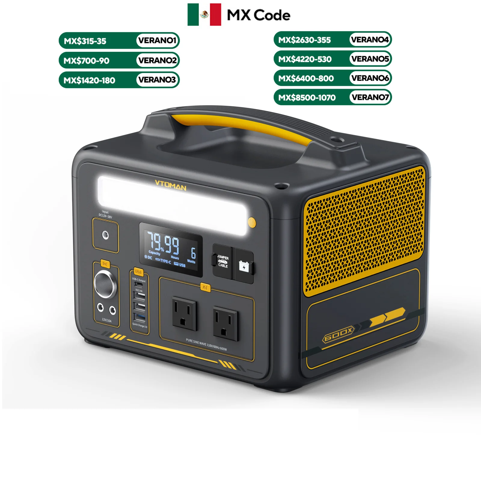 VTOMAN JUMP 600X Central Eléctrica Portátil, Batería LiFePO4 de 299 Wh, Fuente de Alimentación de Emergencia de Alta Potencia, Equipo de Camping y Generador,Voltaje de 110 V