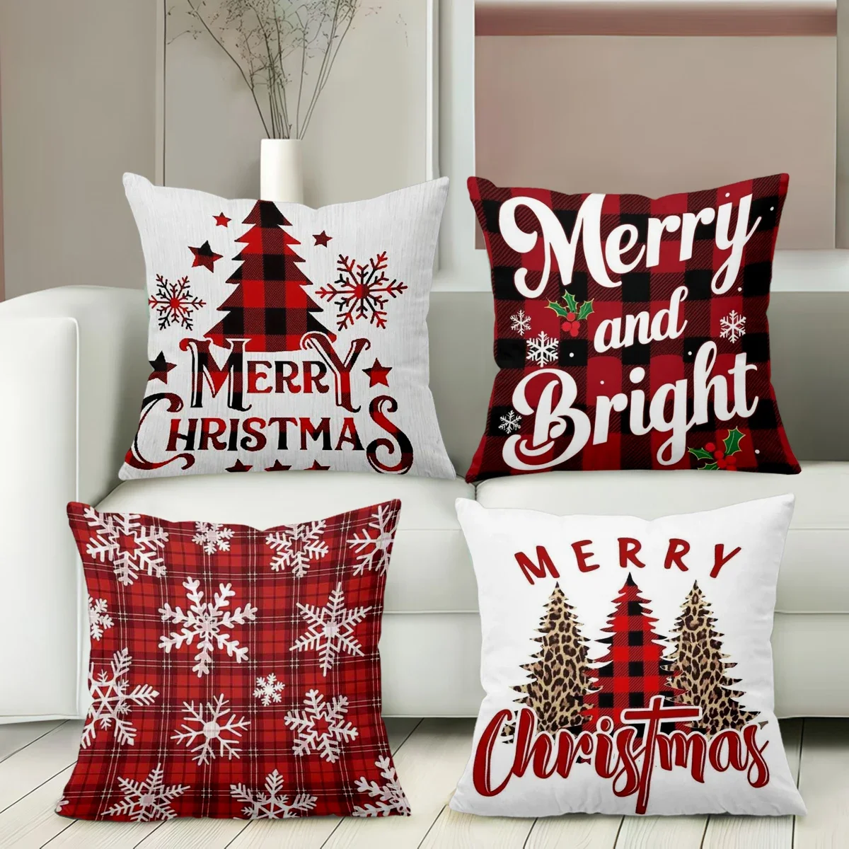 2D flat printing Merry Christmas Pillows Red Plaid Snowflake Design Polyester pillowcase sofa corative cushion cover