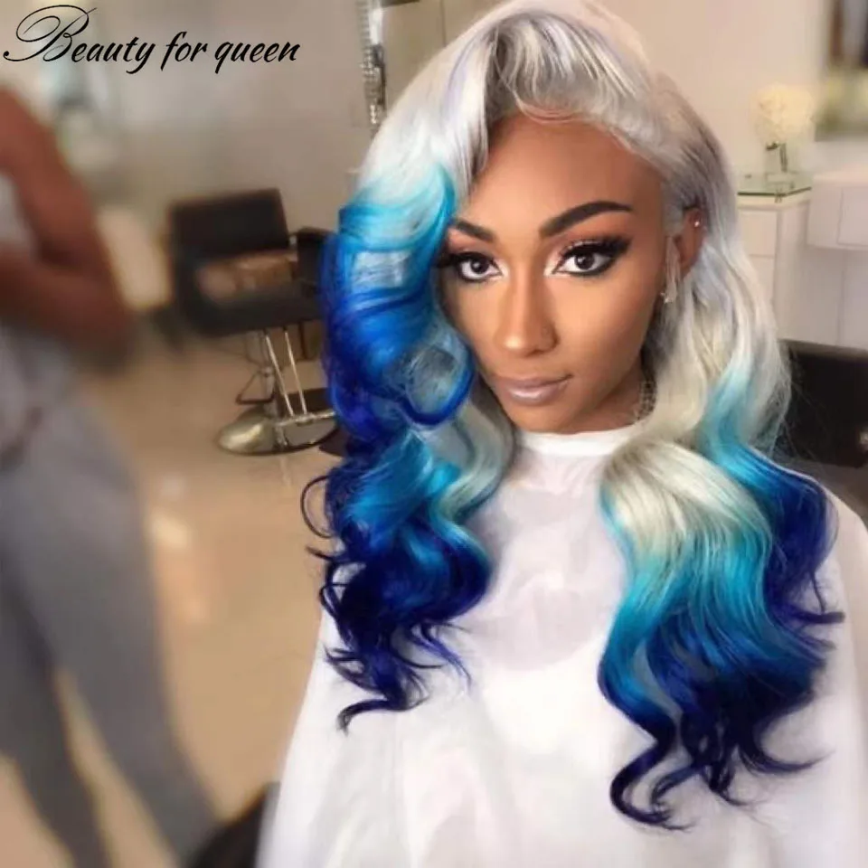 Perruques Lace Frontal wig 150% brésiliennes naturelles, cheveux de bébé, bleu ombré, Transparent, pour femmes