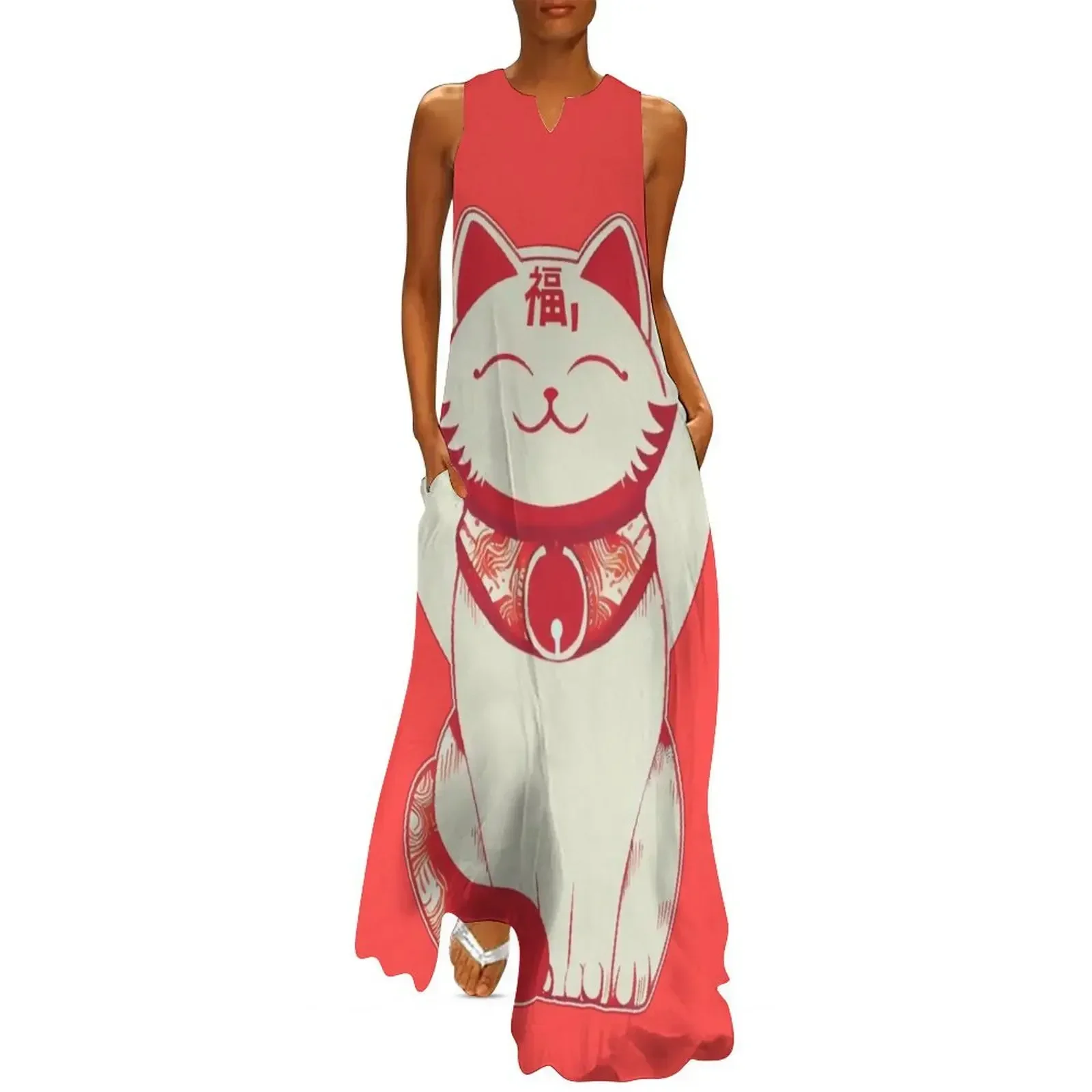 

Red Fortune Cat Long Dress women's clothing korea stylish Dresses Elegant gowns birthday dress Dress