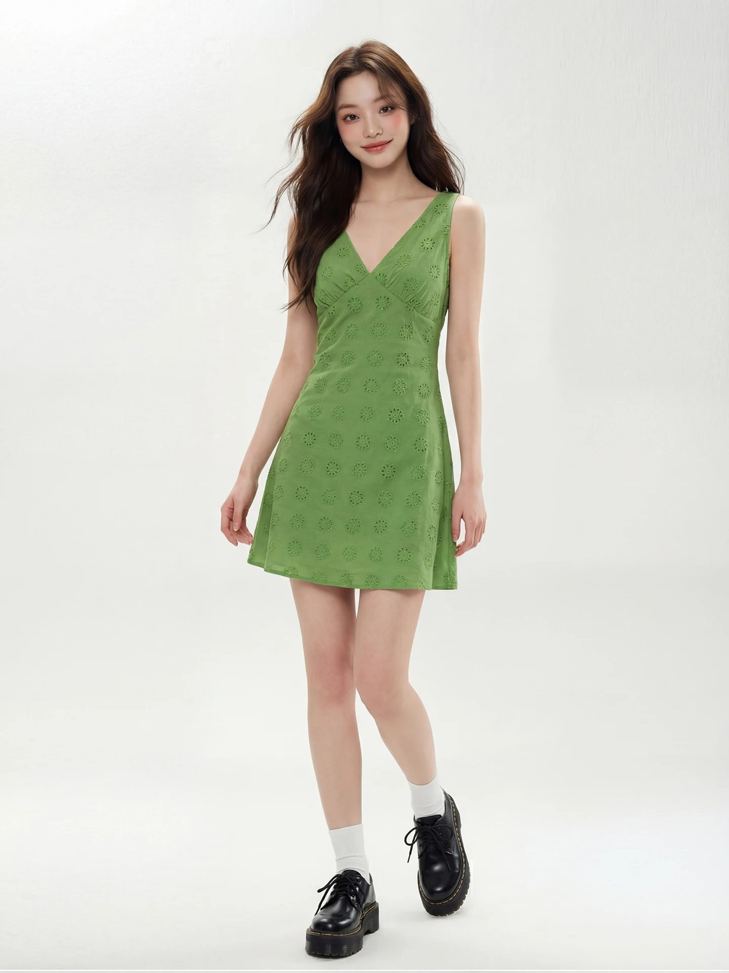 

Summer Green Embroidered A-Line Dress Women's High Waist Design Sensation Retro Style City Commute Friendly Breathable Fabric