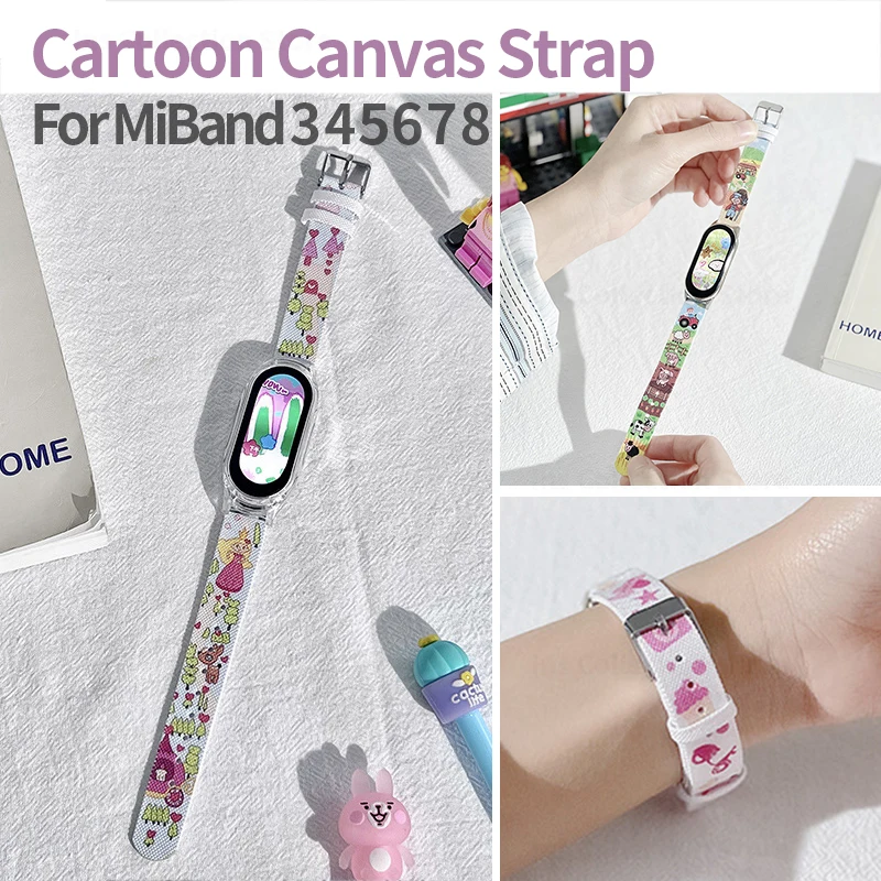 

Cartoon Printing Canvas Strap for Mi Band 6 7 8 Women Bracelet for Xiaomi Miband 3 4 5 Replacement Smart Watch Band Accessories