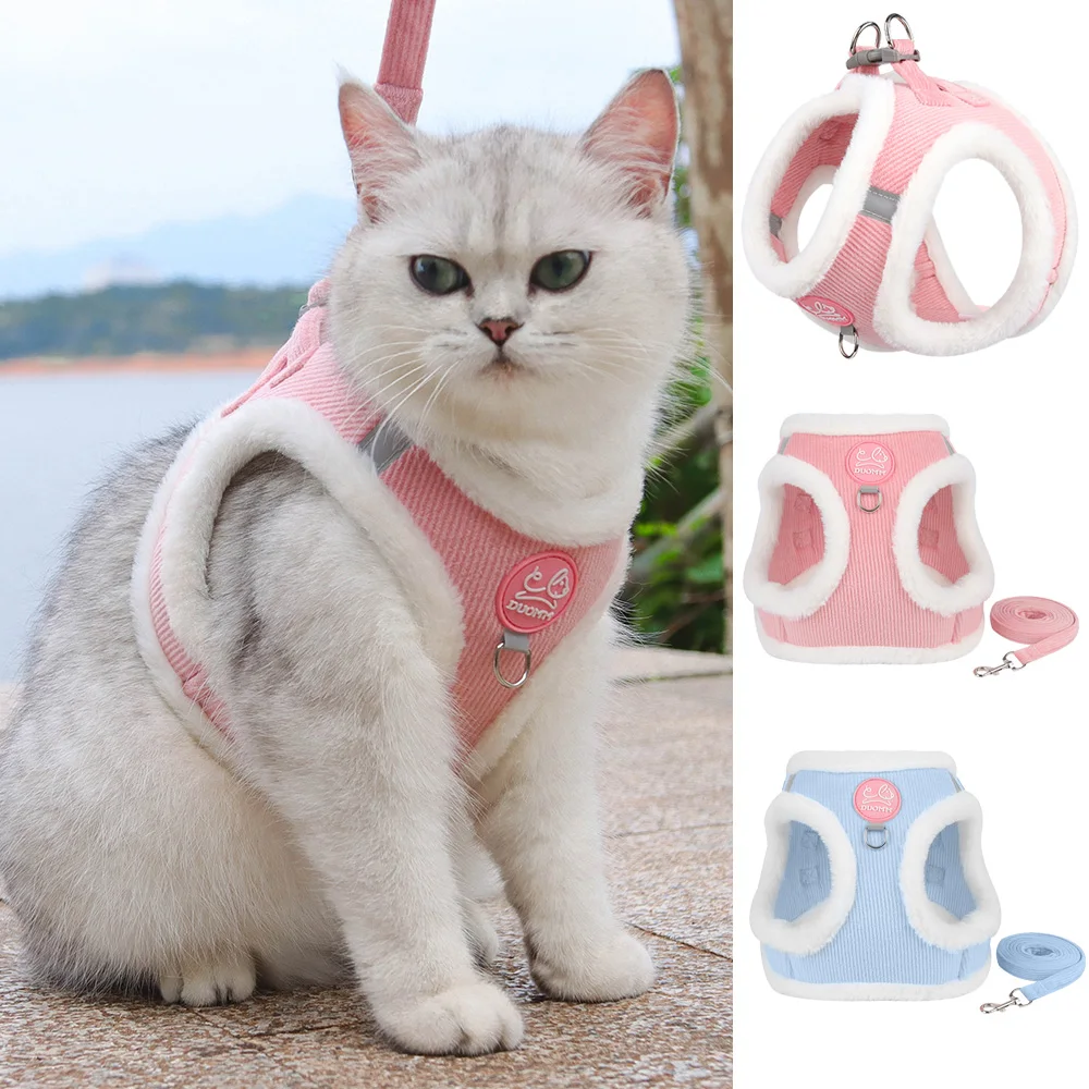 Cute Cat and Dog Harness and Leash Set Winter Pet Outdoor Walking Supplies Reflective Adjustable Kitten and Puppy Chest Harness