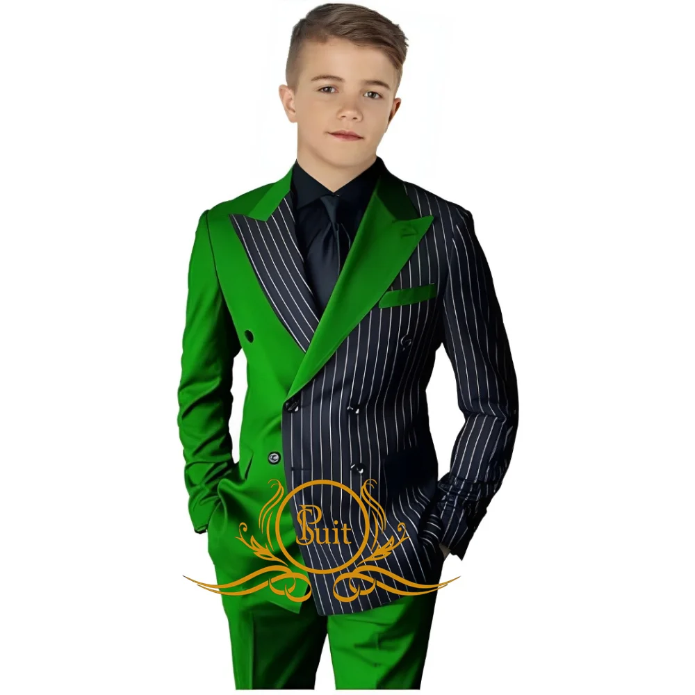 

Double Breasted Boys Suit Striped Splicing Slim Suit 2-piece Wedding Tuxedo Party Dress Blazer for Kids