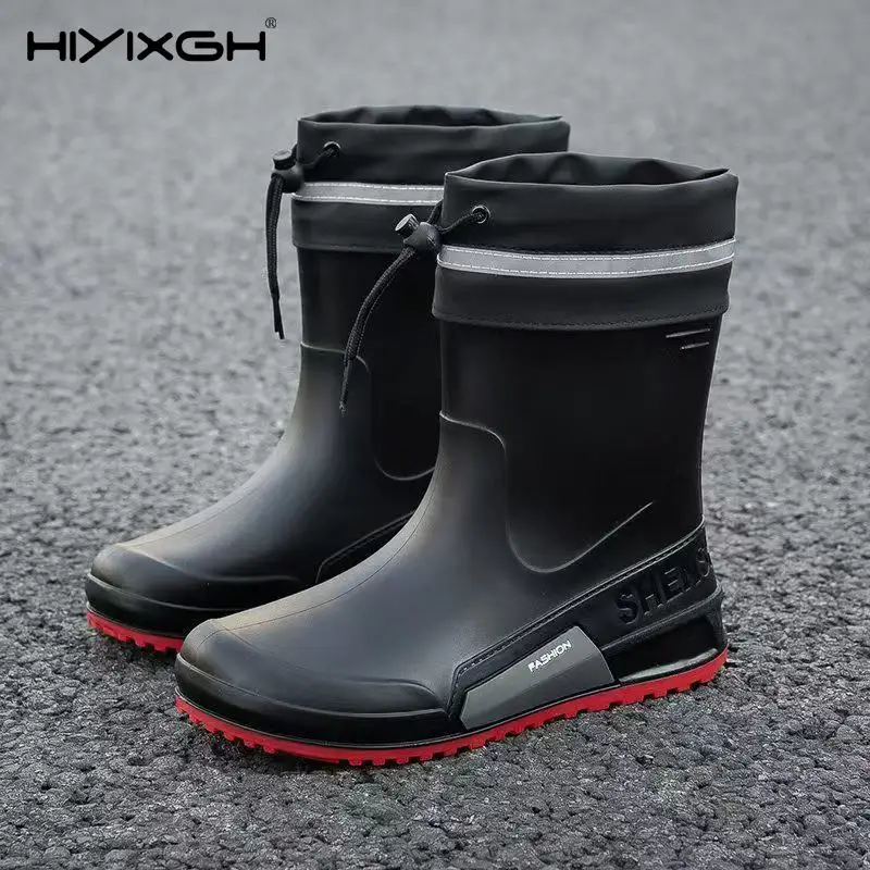 High-End Men's Rain Boots Waterproof Anti-Slip Mid-Calf Fishing Rider Teenage Booties Slip-On round Toe Flat Heel Casual Style