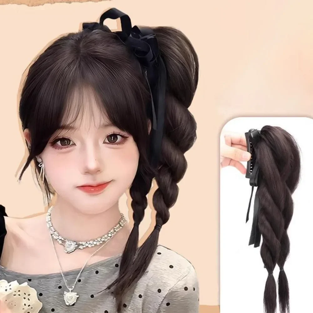 

Synthetic Grab Clip Double Fried Dough Twists Braid Simulation Wig Natural Fluffy High Ponytail Headdress