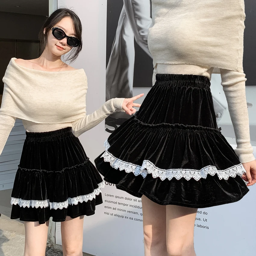 Golden velvet half body skirt for women Spring and Autumn 2023 new high waisted drape A-line skirt retro slim velvet cake skirt