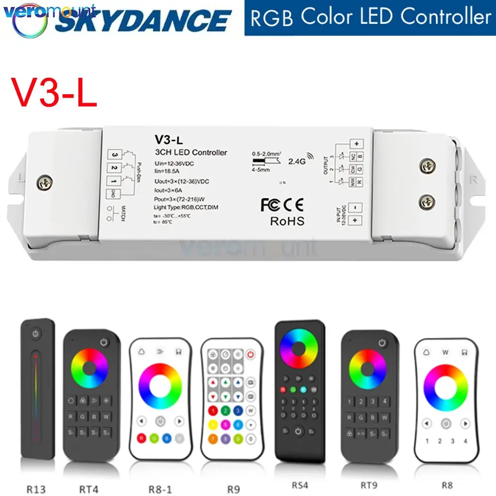 Skydance V3-L 12-36V DC 3 Channel Constant Voltage LED Controller 6A*3CH 2.4G RF Wireless RGB LED Controller for LED Strip Light