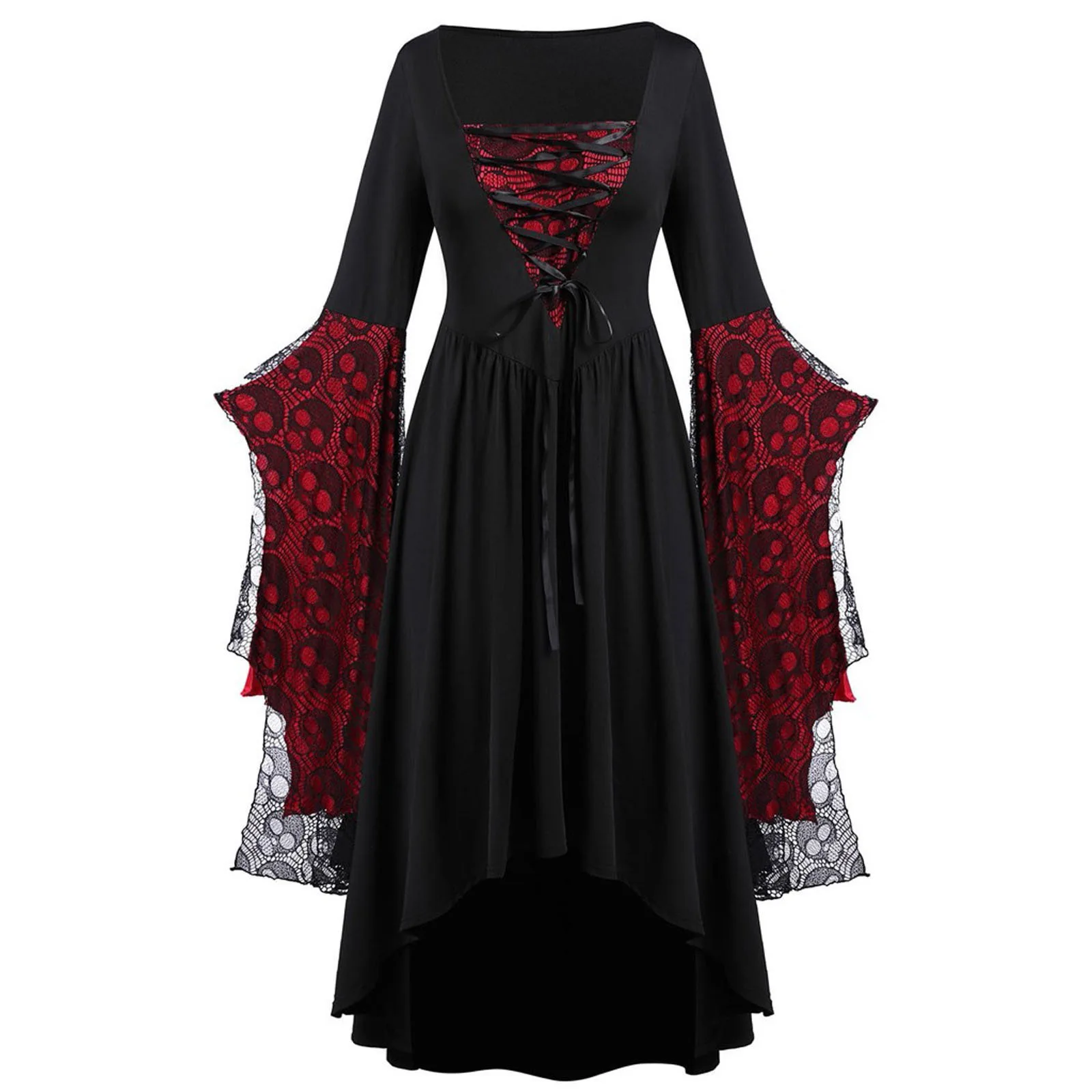 Halloween Witch Dress Cosplay Costume for Women Adult Skeleton Vampire Trumpet Sleeve Dress Carnival Party Fancy Dress Plus Size