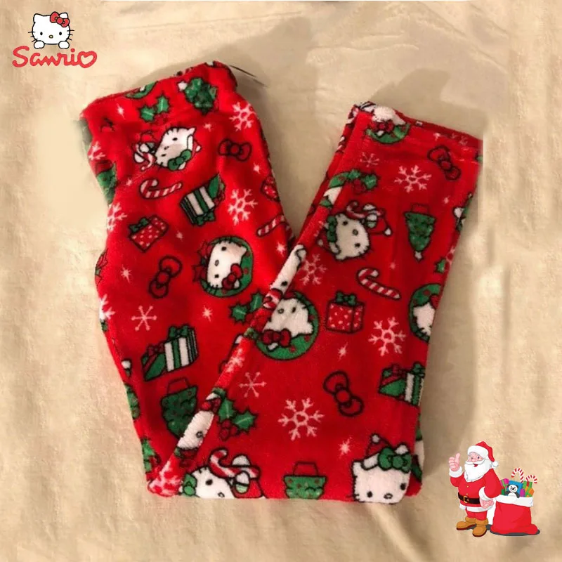 

Sanrio Hello Kitty Christmas Flannel Cartoon Pajama Pants Women's Autumn/winter Coral Fleece Thickened Warm Casual Home Pants