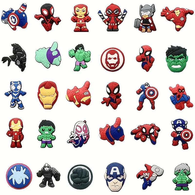 30 unidades de adornos para zapatos Mesuca Supes Croc, con diseños de dibujos animados de Iron Man y Capitán América, adornos de PVC para zapatos, ideales para zuecos, sandalias, mochilas, fiestas de cumpleaños para niños y regalos.