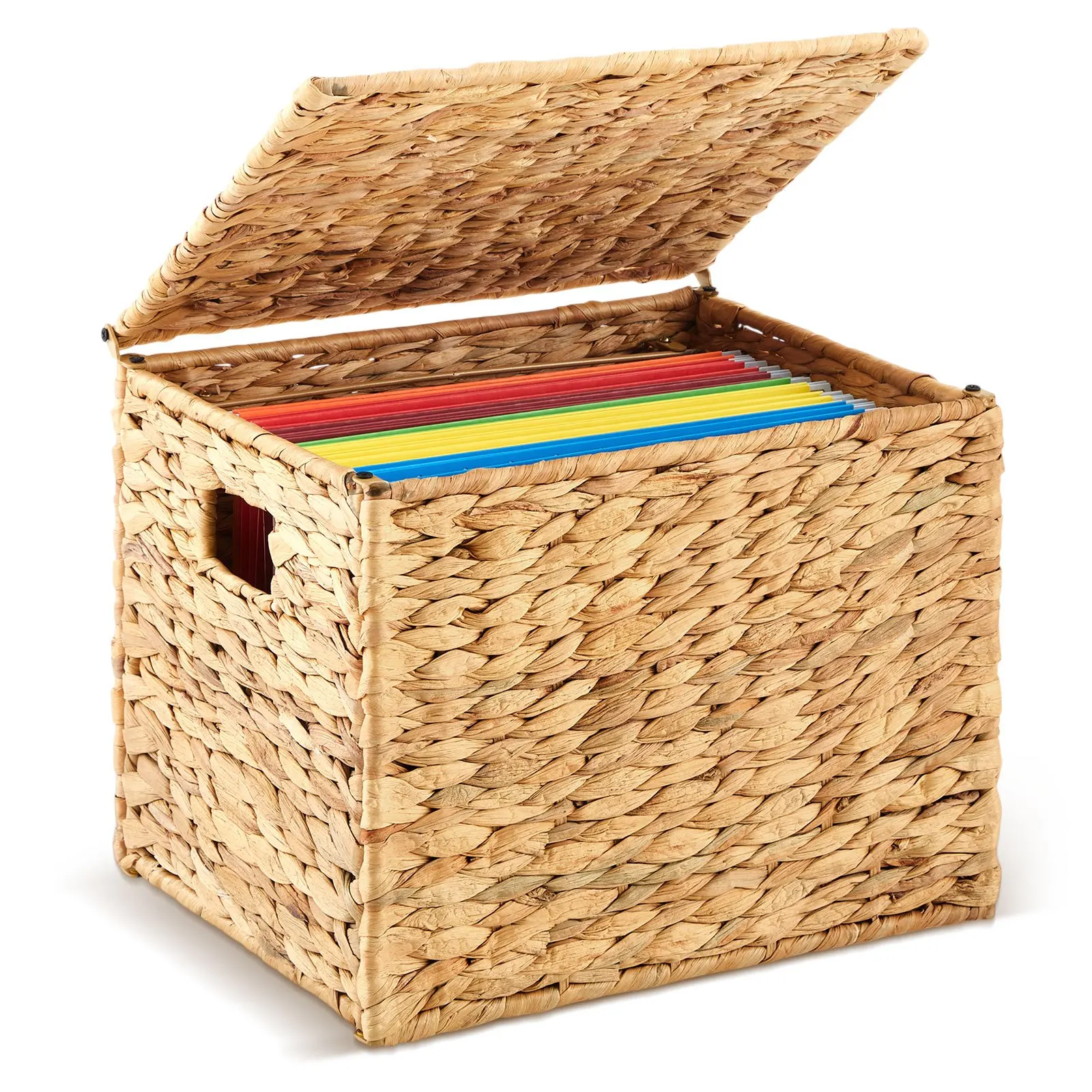 

A Large Decorative Storage Box Made from Water Hyacinth, Designed to Hold Letter Or Legal-Sized Files, Featuring a Lid And a Collapsible Design, Suitable for Office Or Home Decoration (Dimensions: 14.37'' X 11.8'' X 11.4'', in a Light Color)