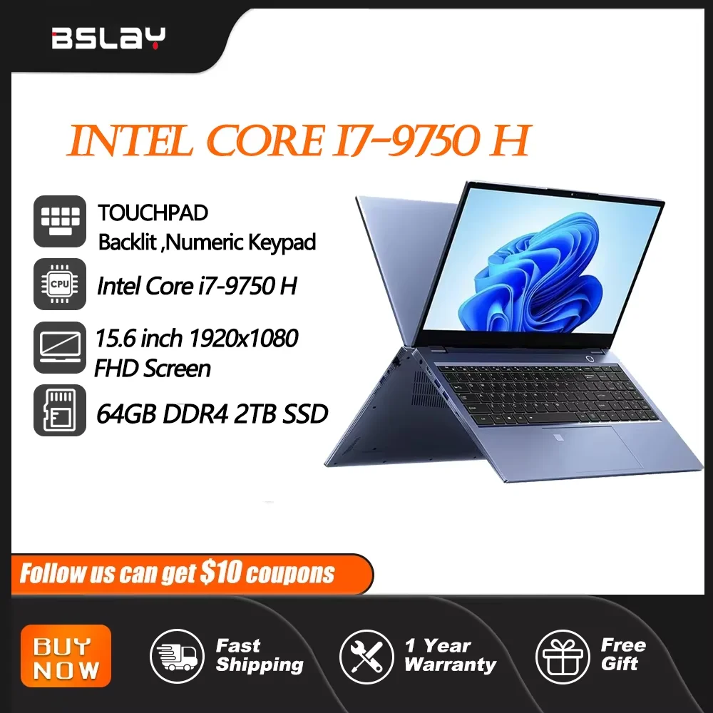 15.6inch Intel Core I7-9750H Notebook DDR4 64GB RAM 2TB SSD Camera Win 11 Fingerprint Unlocking 5000mAH Design Gaming Laptop