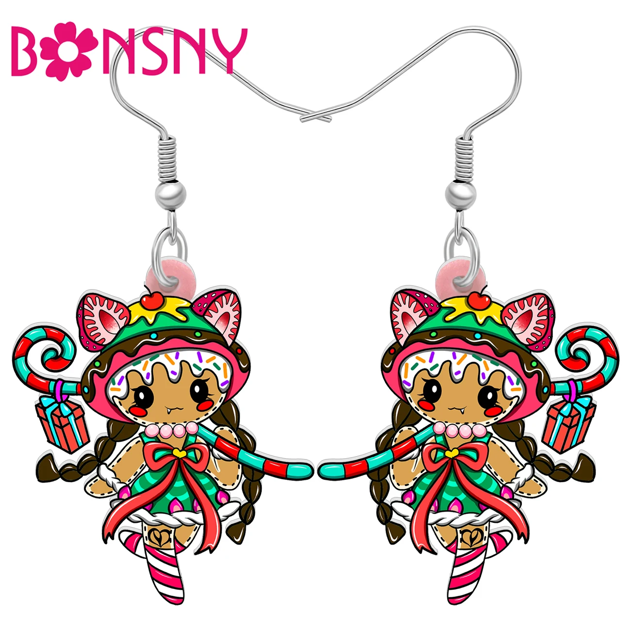 BONSNY Acrylic Cute Gingerbread Earrings Kawaii Cartoon Candy Doll Dangle Drop Sweet Jewelry Xmas Gifts For Women Girls Teens