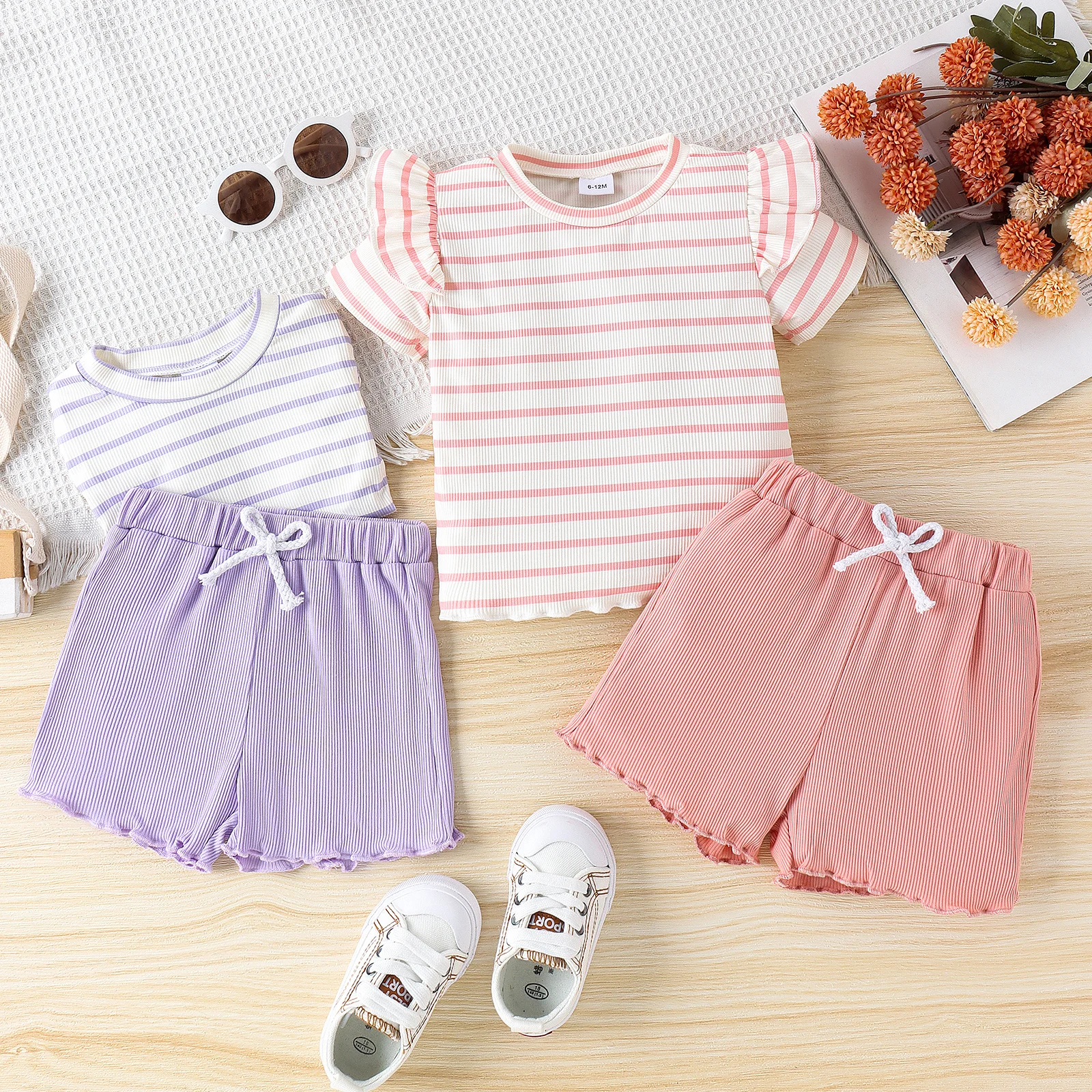 2PCS Summer Baby Girls 0-5 Years Old Soft And Comfortable Two-Color Striped Short-Sleeved Top Plain Shorts Casual Suit