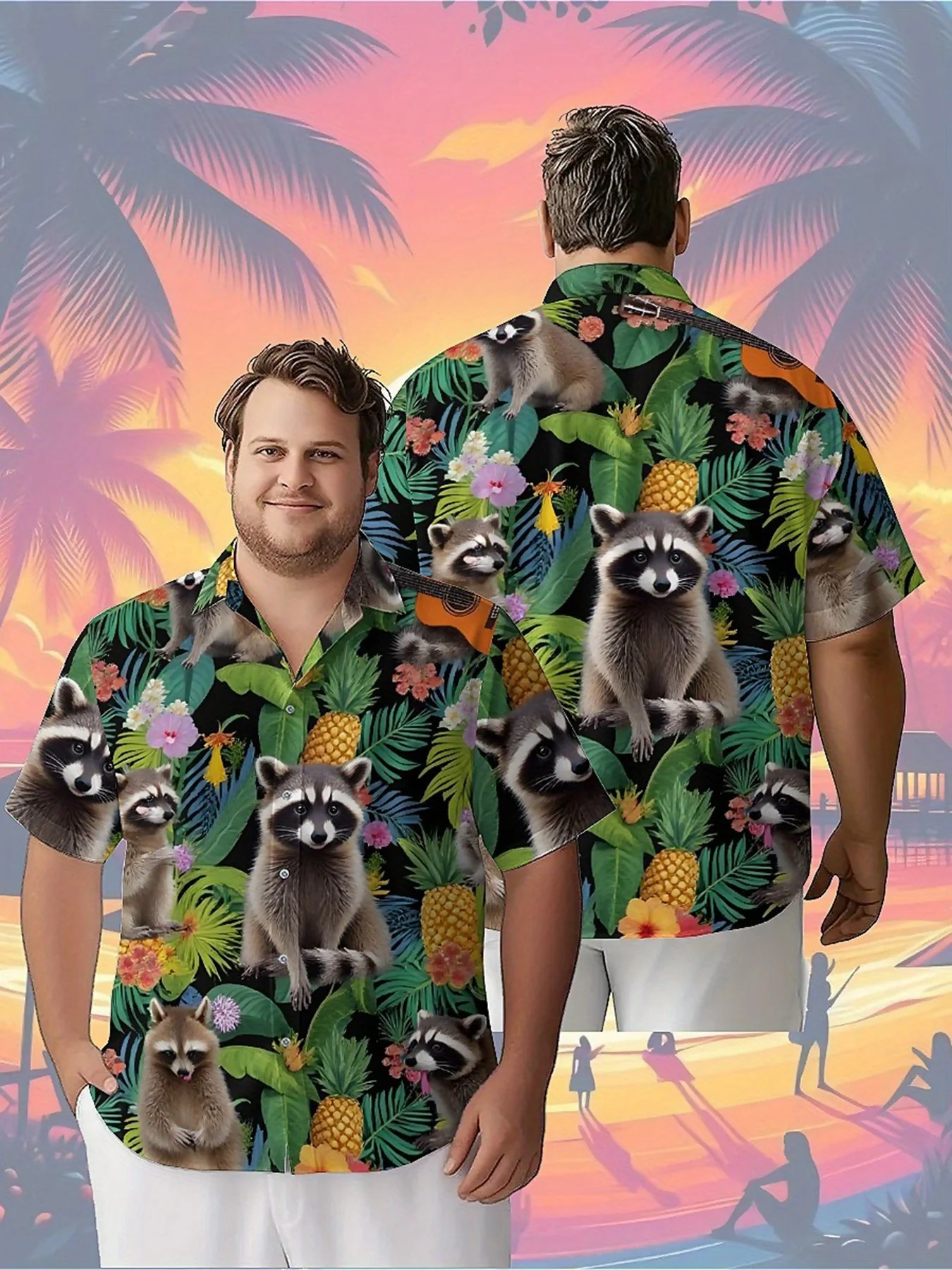 

Men's Plus Size Hawaiian Shirts Tropical Raccoon Music Party Pattern,Unisex Baggy Aloha Shirts,summer Alternative Clothing