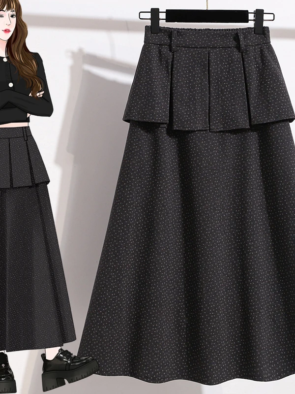 High Waist A-Line Long Skirt Elastic Waist Woolen plus Size Women's Fat MM Slimming Hip Covering Floral Half-length Skirt
