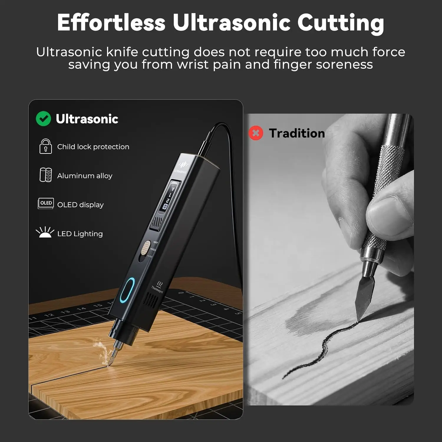 Ultrasonic Knife, Handheld 40kHz Ultrasonic Cutter Knife, High-Precision Sonic Cutting Tool for 3D Printing Post-Processing