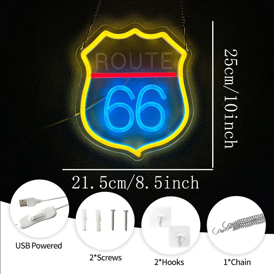 Route 66 Neon Sign, Colored Led Logo Night Lights, Usb Power Supply, Used For Bedroom, Game Room, Men'S Cave Art Decor.