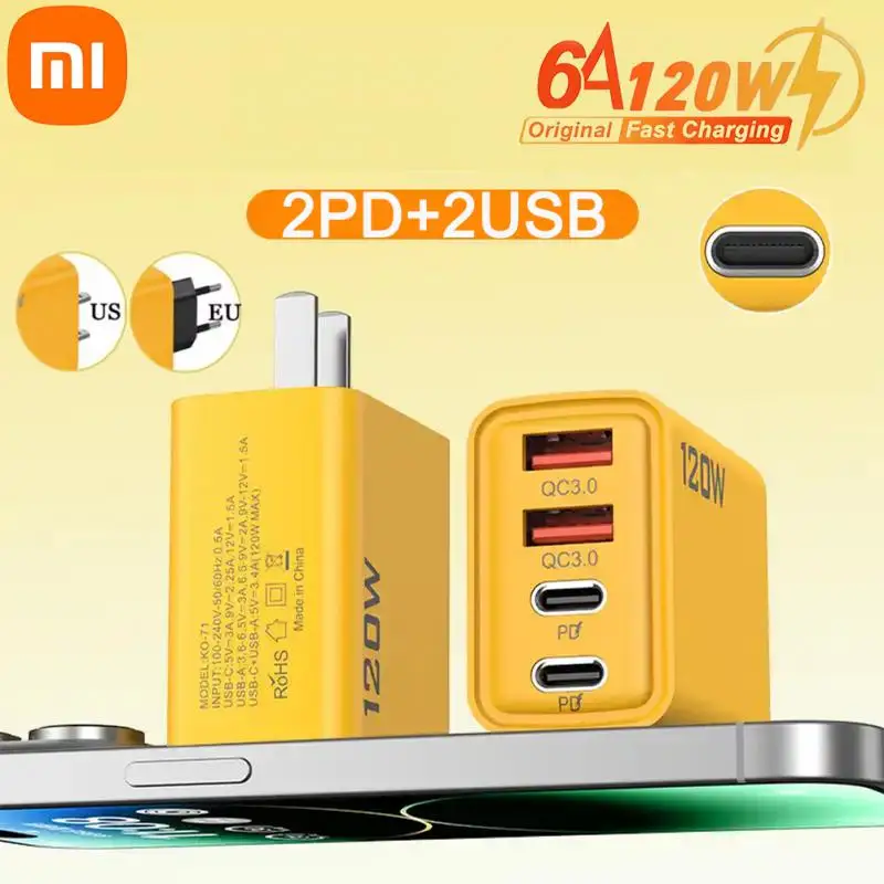 Xiaomi 120W Fast Charging 4 Ports Mobile Phone Charger QC3.0 USB Type C Chargers Dual PD Wall Adapter EU/US/UK Plug for iPhone15