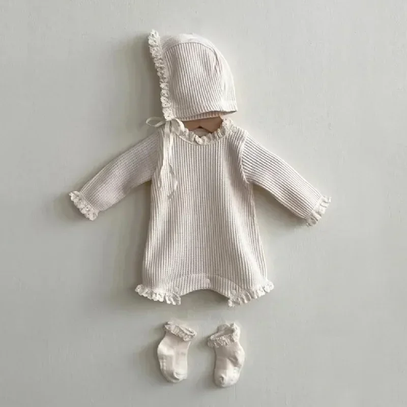 Spring Autumn Baby Girl Rompers With Hat Long Sleeve Newborn Girl Jumpsuit Cute Solid Color Baby Girl Outfits