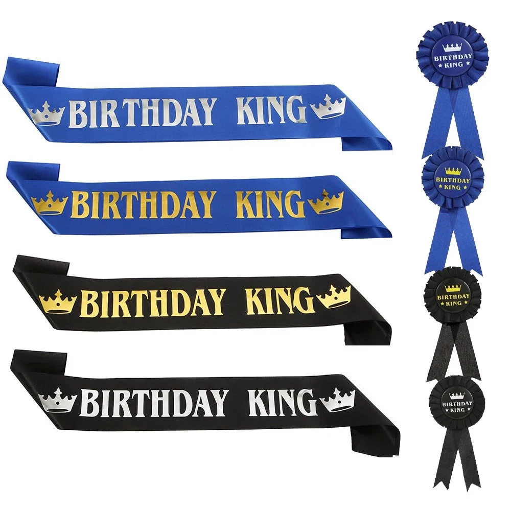 Faixa de aniversário para homens, faixa de rei de aniversário e conjunto de crachás, fita de prêmio de aniversário, decoração de festa de aniversário masculina