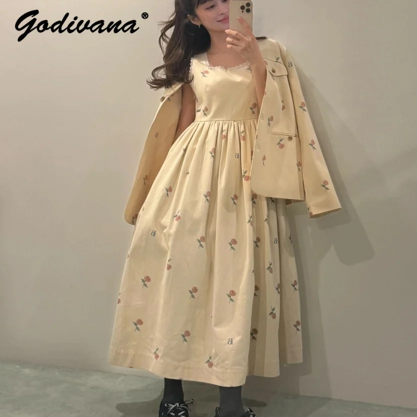 Japanese Style Ladies Elegant Rose Flower Letters Embroidered Jacket Casual Blazer Sleeveless Long Dress and Pants Set Outfits