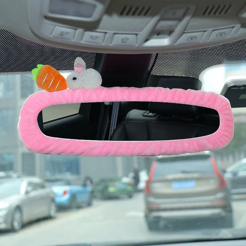 Cartoon Car Interior Rearview Mirror Cover Rabbit Carrot Plush Auto Rear View Mirror Case Decoration Accessories For Women Girls