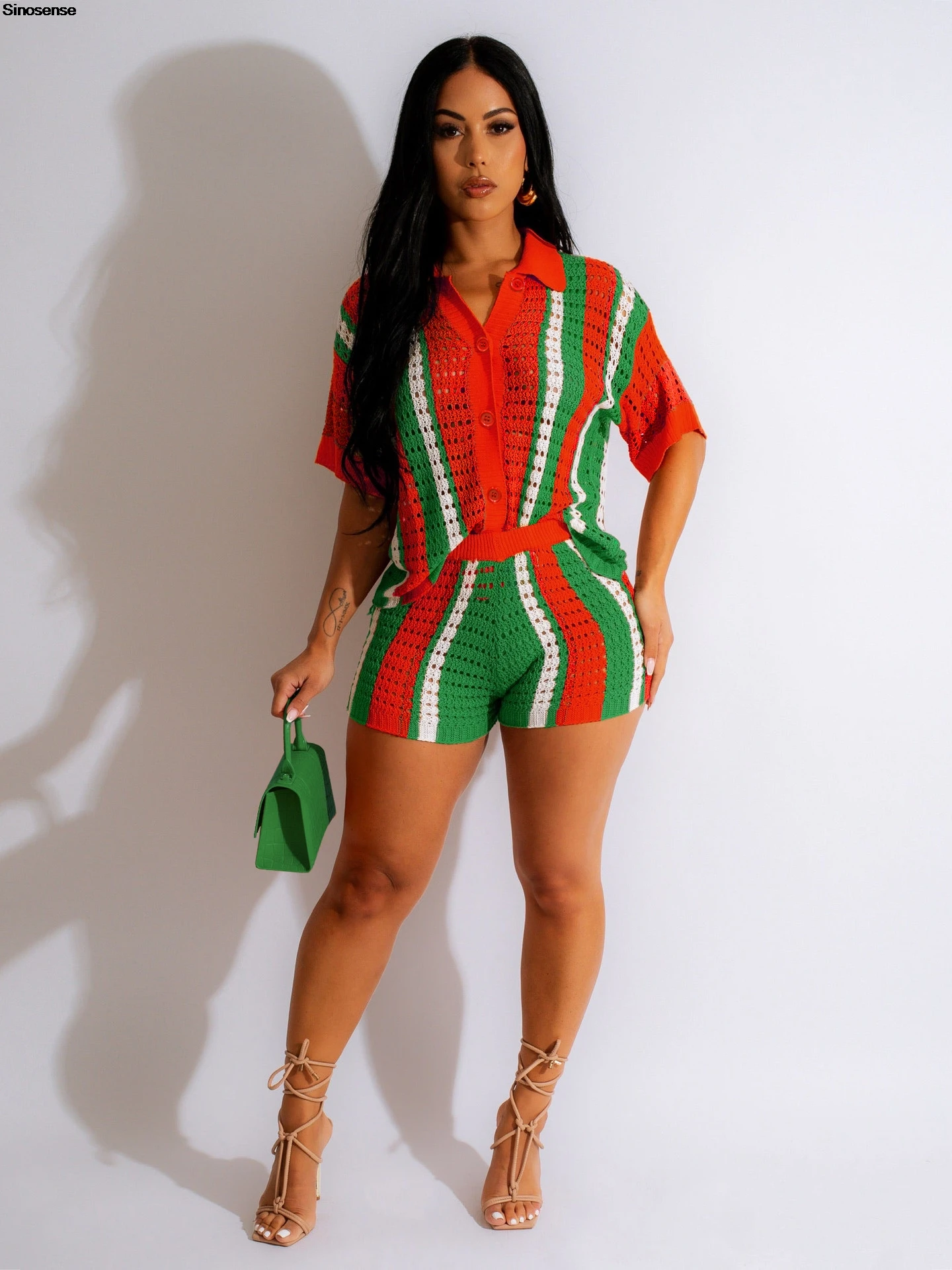 Women Summer Beach Vacation Two 2 Piece Outfits Crochet Sets Causal Knit Short Sleeve Button Down Shirt And Shorts Matching Set