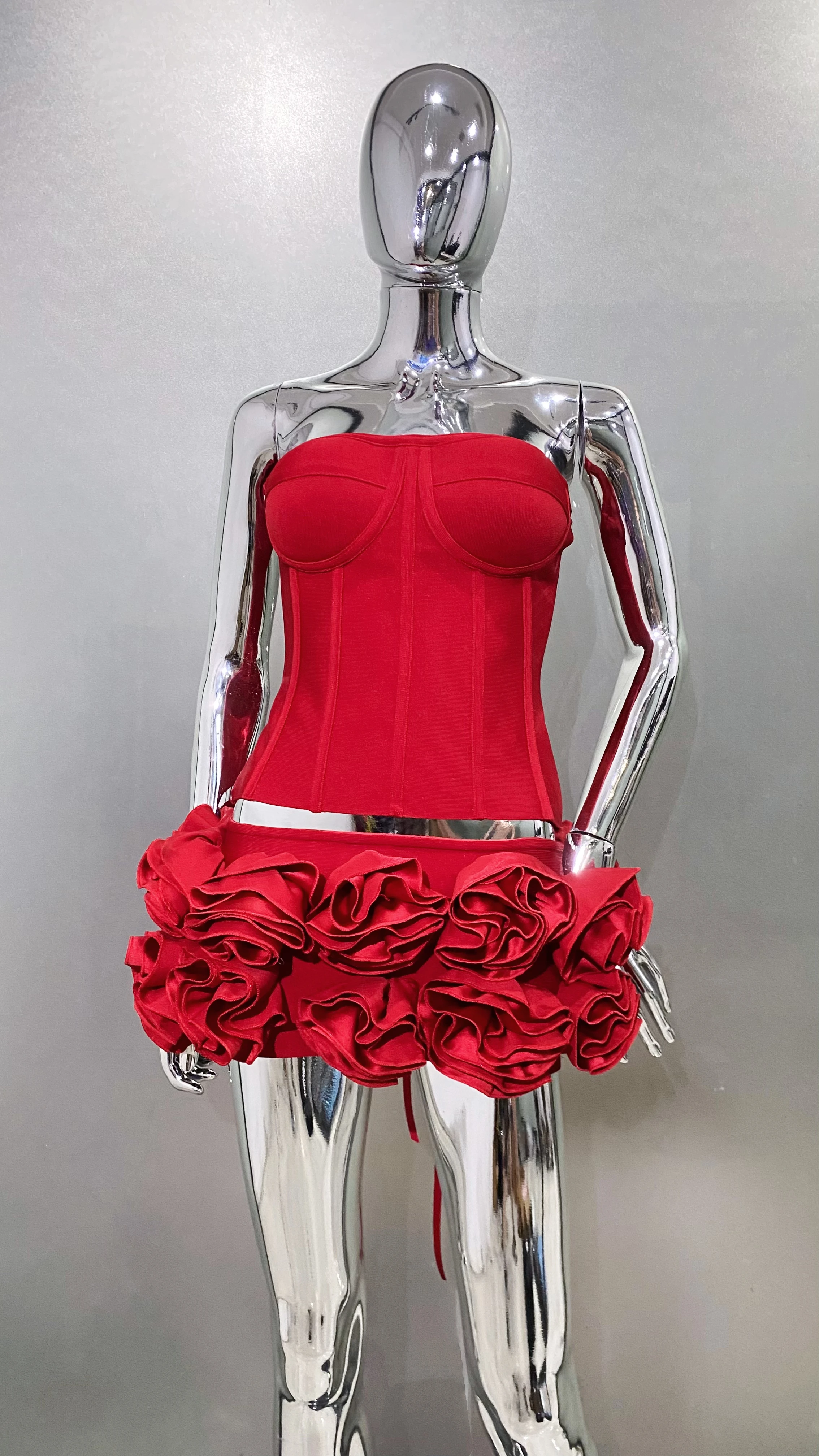 2024 Red color Back Lacing Body shaping Strapless Top And Stereoscopic Flowers Mini Skirt 2 pieces Woman Birthday Party Dress