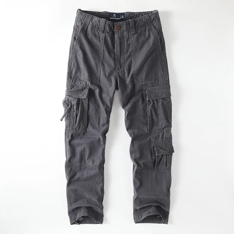 

2026 New Men Retro Cotton Cargo Pants Multi Pocket Loose Straight Leg Casual Trousers Outdoor Jogging Pants