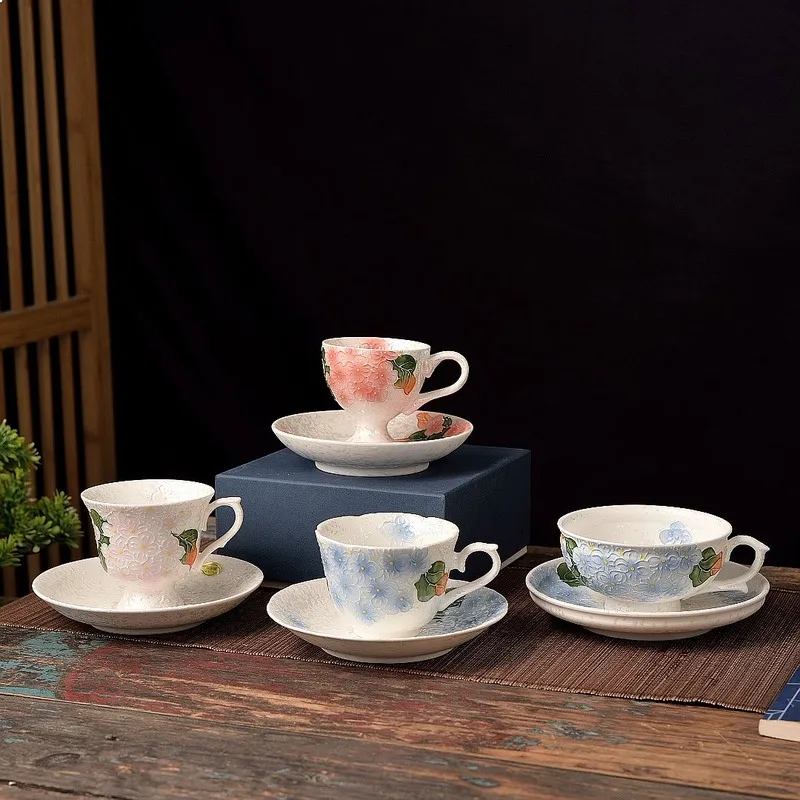 Japanese Arita Yaki Pearl Glaze Pink Sakura Coffee Cup Saucer Hydrangea Flower Relief Tea Cup Set Gift Box Porcelain Drinkware