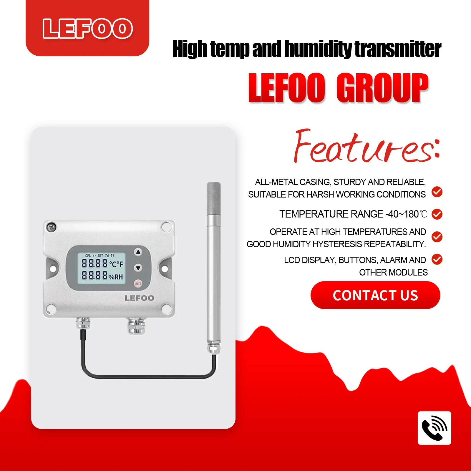 LEFOO Analog RS485 180 degree C  high temperature and humidity sensor Temp&RH transmitter monitoring With relay/alarm function