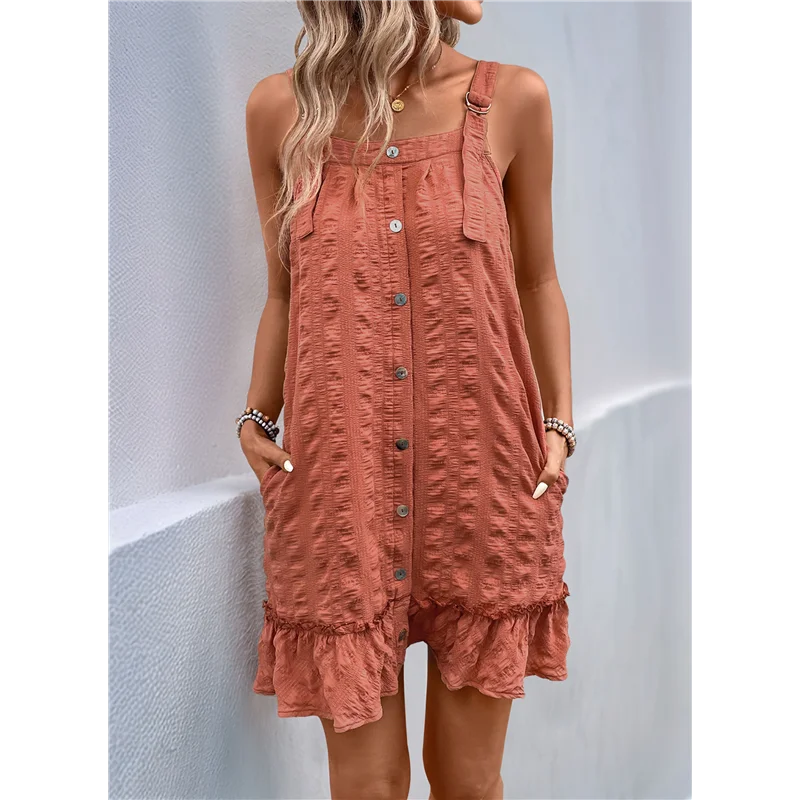 ABP-ชุดเดรสฤดูร้อนสตรี Scoop คอ O-แหวนไหล่ปุ่ม Sundress Casual Swing ชุดเดรสสั้น
