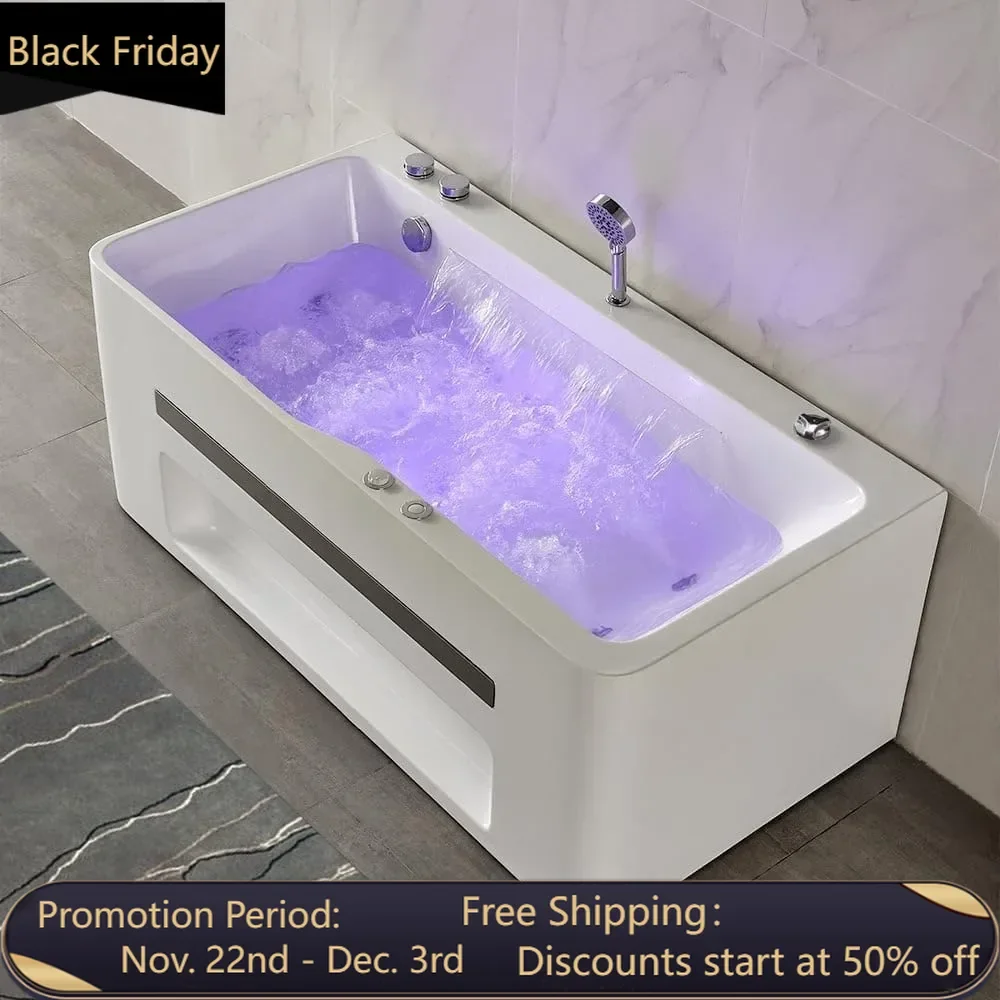 59'' Modern Acrylic Alcove Whirlpool Bathtub Rectangular Water Massage Bathtub Chromatherapy LED Soaking Tub with Bathtub Filler