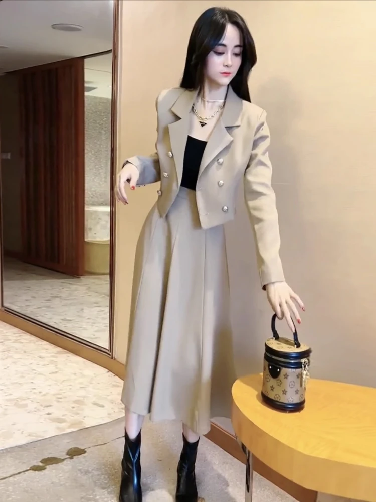 

Insozkdg Skirt Suits Women Autumn Winter Fashion Elegant Blazer Jacket Midi Skirt 2 Pieces High Quality Hot Sale Female Suits