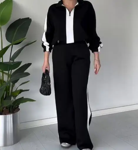 Two Piece Set Women Outfit 2025 Spring Autumn New Turn-Down Collar Contrast Lazy Long Sleeve Top & Casual Pocket Pants Set