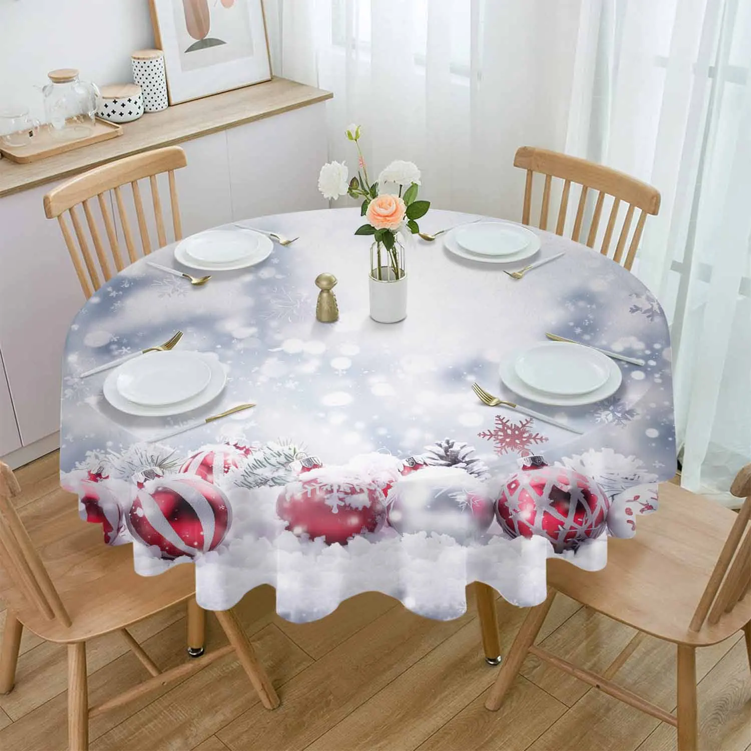 Christmas Snowball Waterproof Tablecloth Table Decoration Wedding Home Kitchen Dining Room Round Table