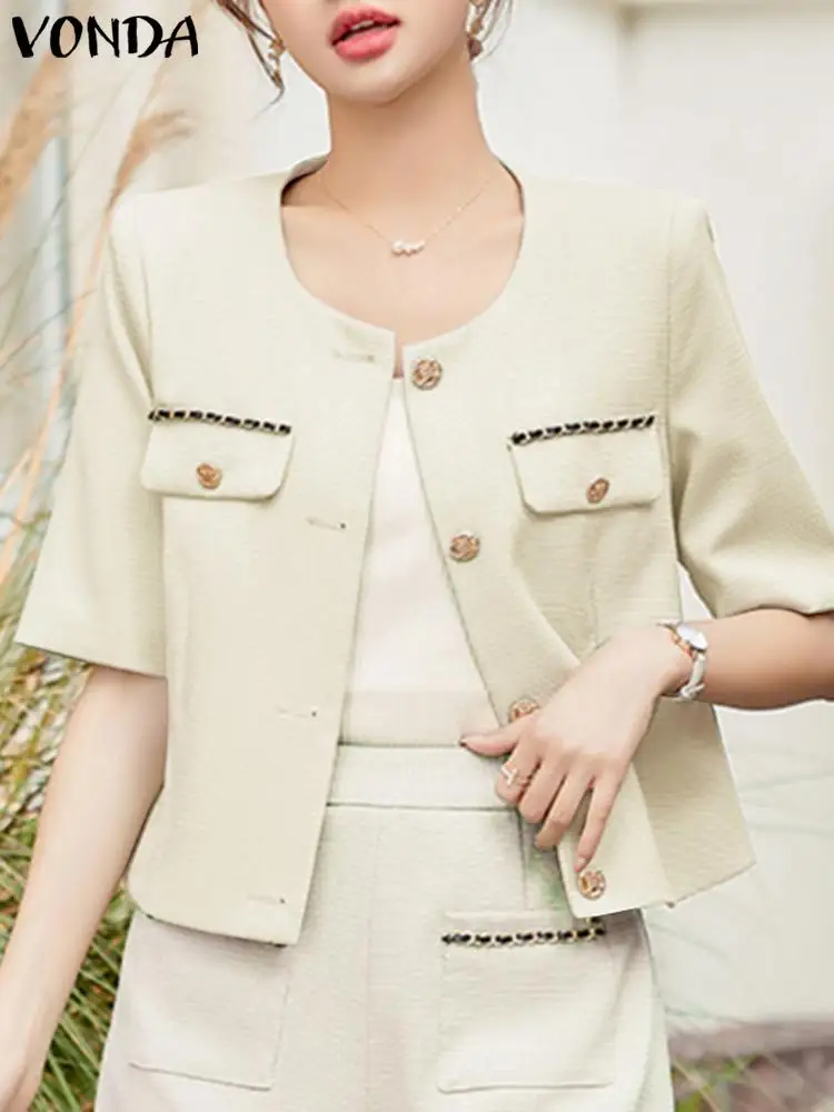 VONDA Women Fashion Blazer 2024 Short Sleeve Tops Elegant Office Shirts Solid Color Buttons Tunic Casual Loose Coats Oversized