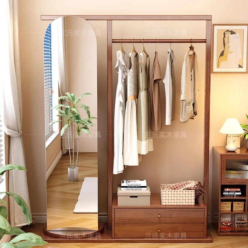 Solid wood coat rack, full-length mirror integrated multi-functional full-body mirror, hanger, household bedroom, living room st