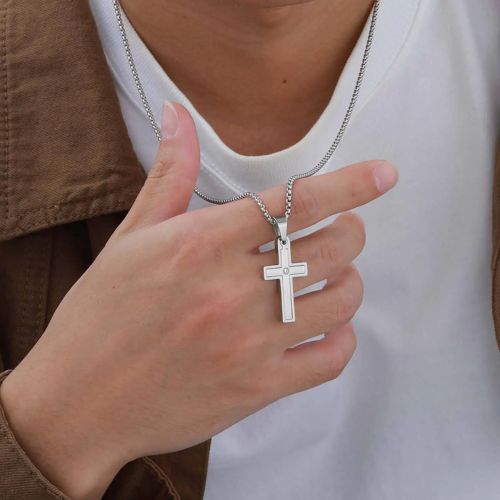 Simple Mens Cross Necklace,Stainless Steel Pendant Necklaces,Minimalist Prayer Christian Jewelry Gifts